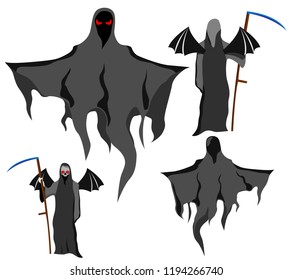 set of four grim Reapers with scythe and wings, instead of skull face, vector on white background