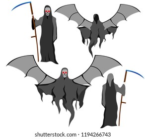 set of four grim Reapers with scythe and wings, instead of skull face, vector on white background