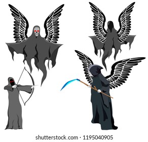 set of four grim Reapers with scythe and wings, instead of skull face, vector on white background