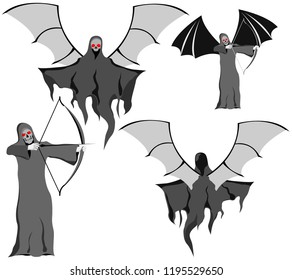 set of four grim Reapers with scythe and wings, instead of skull face, vector on white background