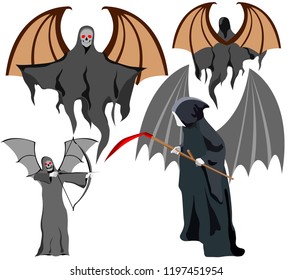 set of four grim Reapers with scythe and wings, instead of skull face, vector on white background