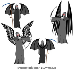 set of four grim Reapers with scythe and wings, instead of skull face, vector on white background