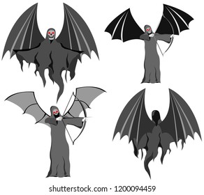 set of four grim Reapers with scythe and wings, instead of skull face, vector on white background