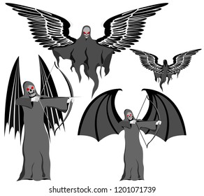 set of four grim Reapers with scythe and wings, skull face, vector on white background