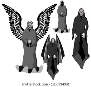 set of four grim Reapers with scythe and wings, instead of skull face, vector on white background