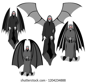 set of four grim Reapers with scythe and wings, instead of skull face, vector on white background