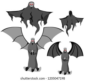 set of four grim Reapers with scythe and wings, instead of skull face, vector on white background