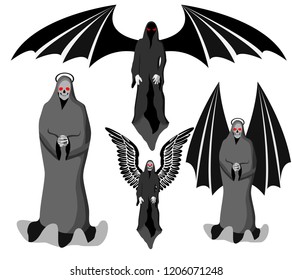 set of four grim Reapers with scythe and wings, instead of skull face, vector on white background