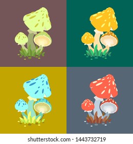 a set of four groups of mushrooms with speckles: green, orange, red and blue