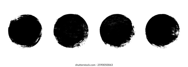 Set of four grunge black circular spots with rough, distressed edges on a white background. Perfect for creating bold textures, abstract patterns, or adding an edgy, urban feel to creative projects.