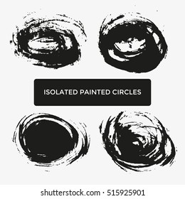 Set of four grunge creative painted circles for logo, label, branding. Black brush stain textures. Vector illustration.