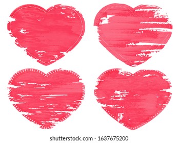 Set of four grunge hearts. Effect of scratches, scuffs. Patterned line is on the edge of the hearts. Aged hearts with peeling watercolor paint. Valentine's day symbol. Decorative print. Valentines