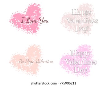 Set of four grunge hearts with text for romantic art.