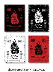 Set of four grunge, rock festival poster, with rock n roll sign and fire. Rock concert flyers. Rock band brochures.  Vector illustration.