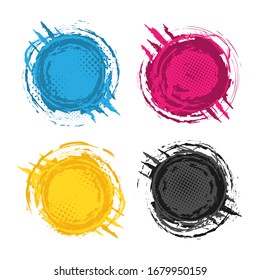Set of four grunge splash banners. Vector splatter labels with space for text. Grunge label with geometric figures. Paint splash. Vector colorful paint splashes