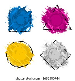 Set of four grunge splash banners. Vector splatter labels with space for text. Grunge label with geometric figures. Paint splash. Vector colorful paint splashes