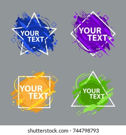 A set of four grunge splash banners. Vector splatter labels with space for text. Grunge label with geometric figures