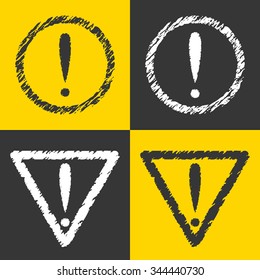 Set of four grunge textured exclamation marks in frames, brush painting effect. Vector illustration
