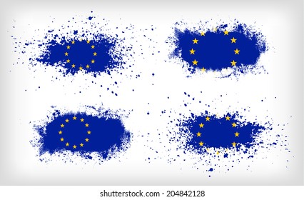 Set of four grunge vector ink spattered European Union flags