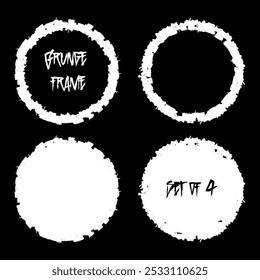 Set von vier grunge-Stil kreisförmigen Rahmen. Grobe, strukturierte weiße Kanten. Beklemmtes und gealtertes Aussehen. Kreisförmige Form mit kantiger Form. Weiße Rahmen auf schwarzem Hintergrund. Dekorative Elemente.