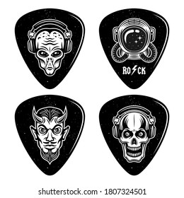 Set of four guitar picks or mediators in rock n roll style with different designs isolated on white background