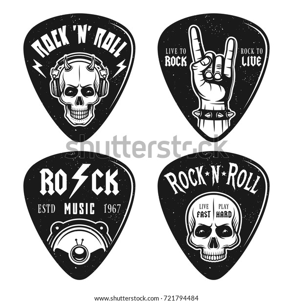 白い背景にロックンロールスタイルの4つのギターピックまたはメディエーターのセット のベクター画像素材 ロイヤリティフリー