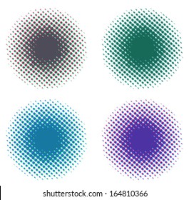 Set of four halftone vibrant colors circles. Vector eps10.