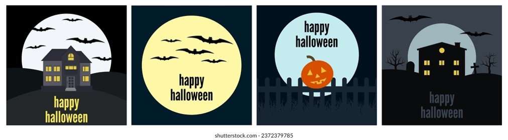 Set of four Halloween backgrounds with bats, moon, houses and  pumpkins. Vector illustration