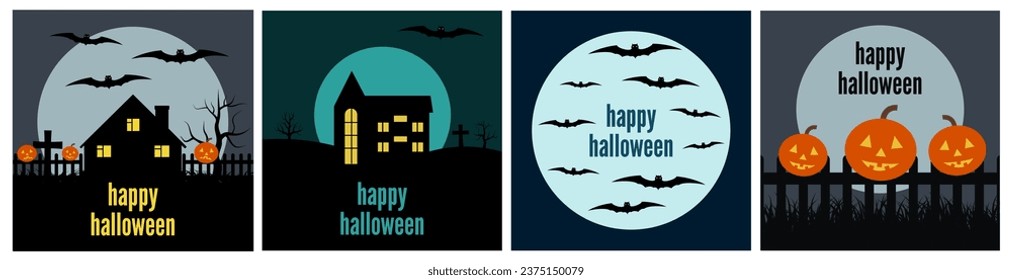 Vier Halloween-Hintergründe mit Fledermäusen, Mond, Häusern und Kürbissen. Vektorgrafik