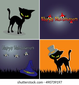 Set of four Halloween banners with a pretty black cats, hats, spiders and text