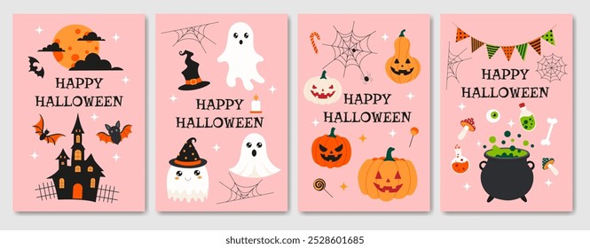 A set of four Halloween cards with a witch, ghost, pumpkin, and pumpkin lanterns. The cards are pink and feature a spooky theme