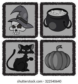Set of four Halloween cartoon monochrome icons. A skull in a big witch's hat, a cauldron, a black cat, a pumpkin.
