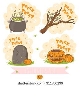 set of four halloween images on white background. can be used for greeting cards and party invitations