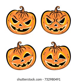 Set of four halloween pumpkins. Collection emotions, scary and funny pumpkins faces. Vector illustration