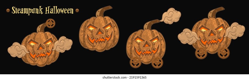 Conjunto de cuatro calabazas de halloween al estilo de steampunk con ojos brillantes, sonrisa sonriente, cara temible, vapor, engranajes. Ilustración vectorial aislada en un fondo negro.