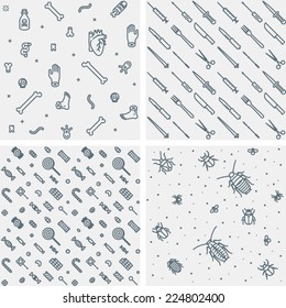 Set of Four Halloween Seamless Patterns: body-parts, pointy objects, candy and bugs