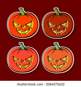 Set of four Halloween stickers on red background. Orange pumpkins hand drawn outline of different hues. Happy Halloween holiday cute character. Greeting card, banner, party invitation design 