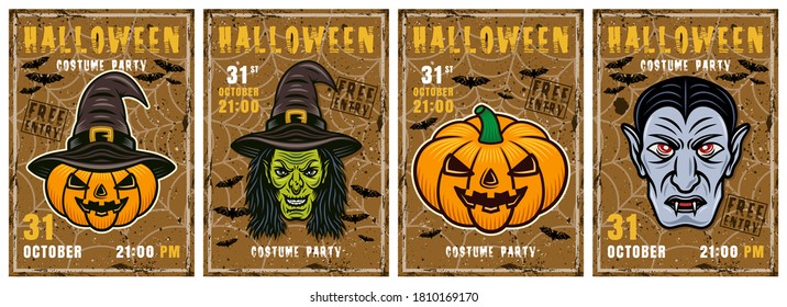 Conjunto de cuatro afiches de invitación vectorial de Halloween en un estilo colorido. Cabeza de bruja, calabaza, vampiro dracula