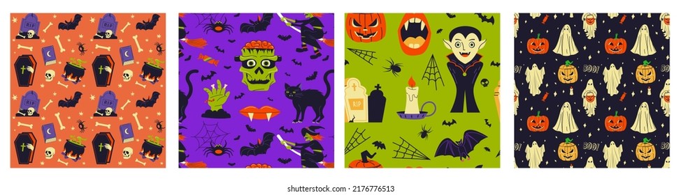 Set of four Halloween vector patterns. Endless texture can be used for wallpaper, fill pattern, background, surface.
