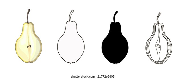 Set of four halves of pears - cartoon style, black silhouette, doodles and outline. Vector illustration, isolated on white background