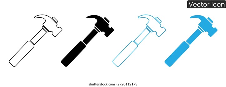 Un conjunto de cuatro iconos de martillo en diferentes colores y estilos para diversas aplicaciones de diseño