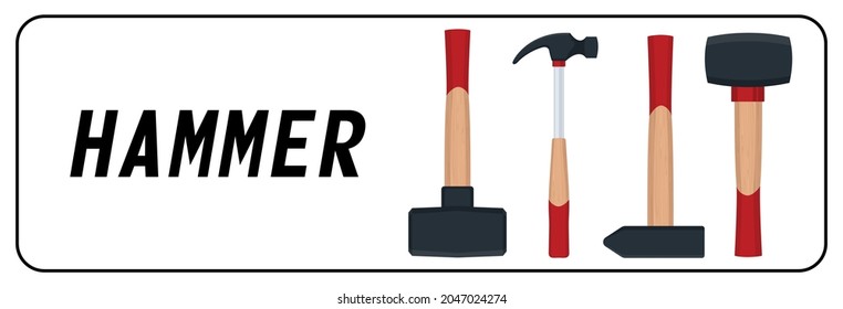 Set of four hammers. Various hammers and ax isolated on white.