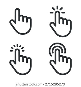 Set of four hand cursor icons demonstrating various interactive actions like clicking and pointing simply.