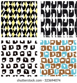 Set of four  hand draw patterns. Simple figures. Monochrome, two colors. Yellow and black, brown and blue. Vector endless geometric pattern.