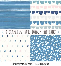 Set of four hand drawn abstract seamless patterns in vector. Collection of Spring backgrounds in the same colors. Floral and geometric ornaments with raindrops, flowers stripes and tapes