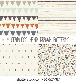 Set of four hand drawn abstract seamless patterns in vector. Collection of Autumn backgrounds in the same colors. Floral and geometric ornaments with raindrops, stripes, leaves, triangles