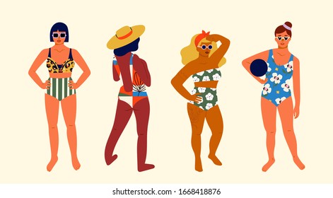 Set of four Hand drawn beautiful ladies. Women posing in bright and colored swimsuits. Young Women Enjoying Summer on the beach. Sunbathing. Colored Vector illustration. Cartoon style. Flat design