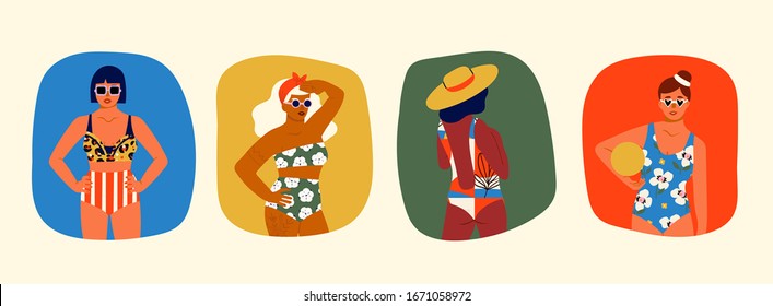 Set of four Hand drawn beautiful ladies. Women posing in bright and colored swimsuits. Young Women Enjoying Summer on the beach. Sunbathing. Colored Vector illustration. Cartoon style. Flat design