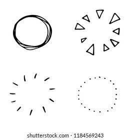 Set of four hand drawn black vector circles. different round shapes, sketch style, doodle design, great for notebook decorations, invitations, cards