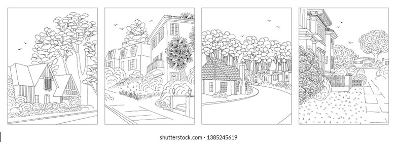 Set of four hand drawn black and white illustrations of suburban neighbourhoods with houses, yard, pavement and trees